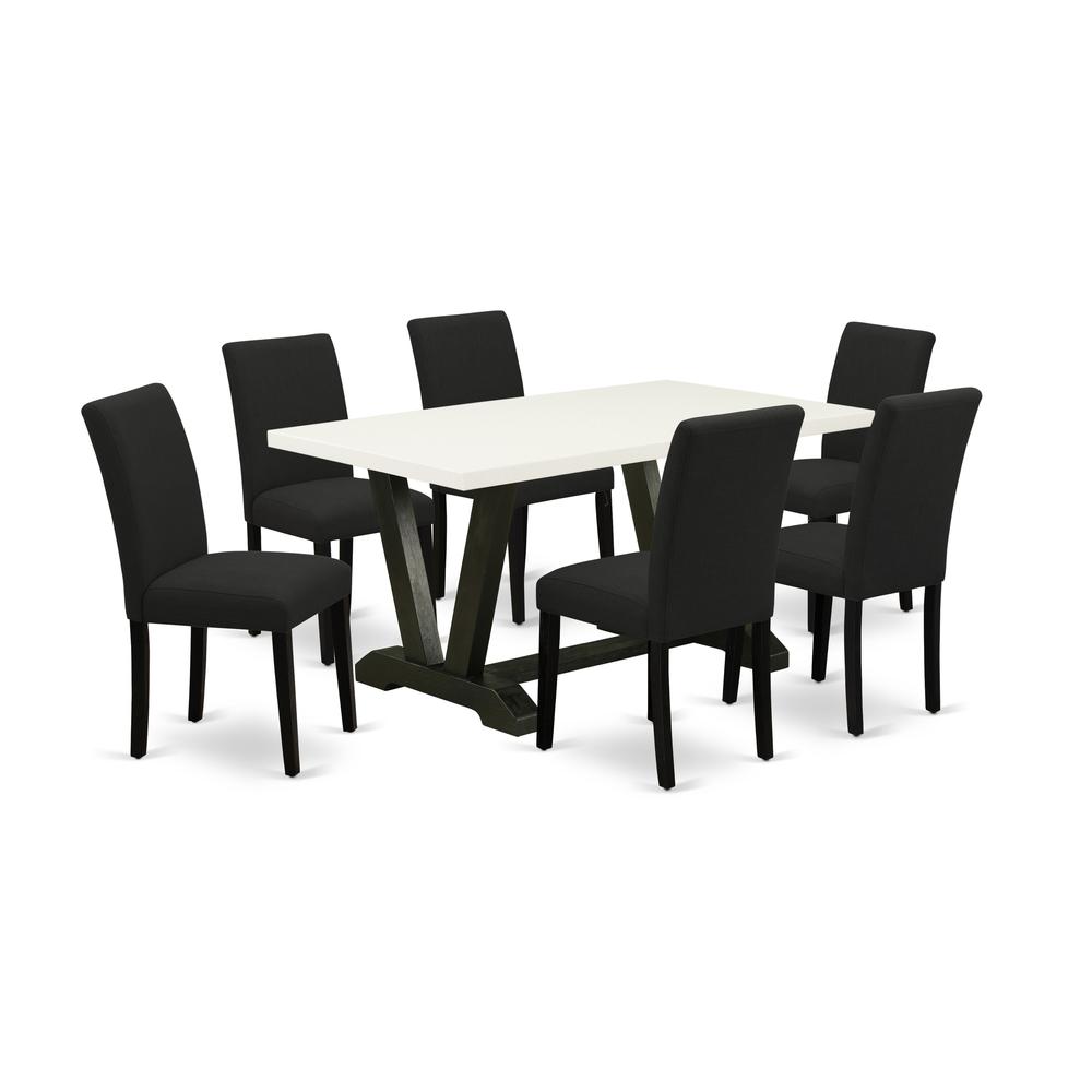 East West Furniture 7-Piece Dining Set Includes 6 Kitchen Chairs with Upholstered Seat and High Back and a Rectangular Kitchen Table - Black Finish. Picture 1