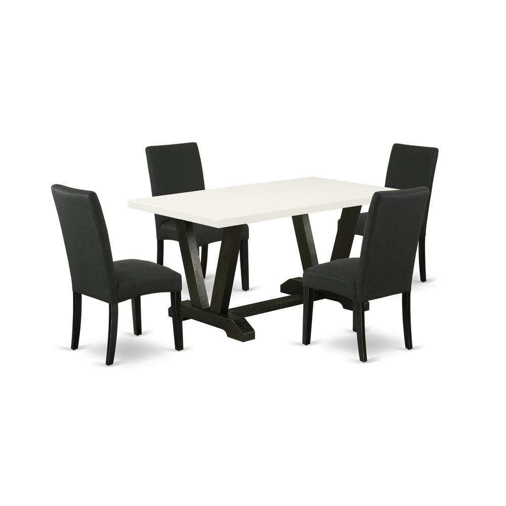 East West Furniture V626DR124-5 5-Pc Dining Table Set- 4 Upholstered Dining Chairs with Black Linen Fabric Seat and Stylish Chair Back - Rectangular Table Top & Wooden Legs - Linen White and Black Fin. Picture 1