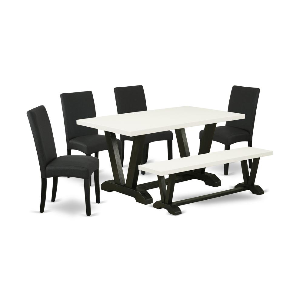 East West Furniture V626DR124-6 6-Pc Kitchen and Dining Room Set- 4 Dining Room Chairs with Black Linen Fabric Seat and Stylish Chair Back - Rectangular Top & Wooden Legs Dining Room table and dining. Picture 1