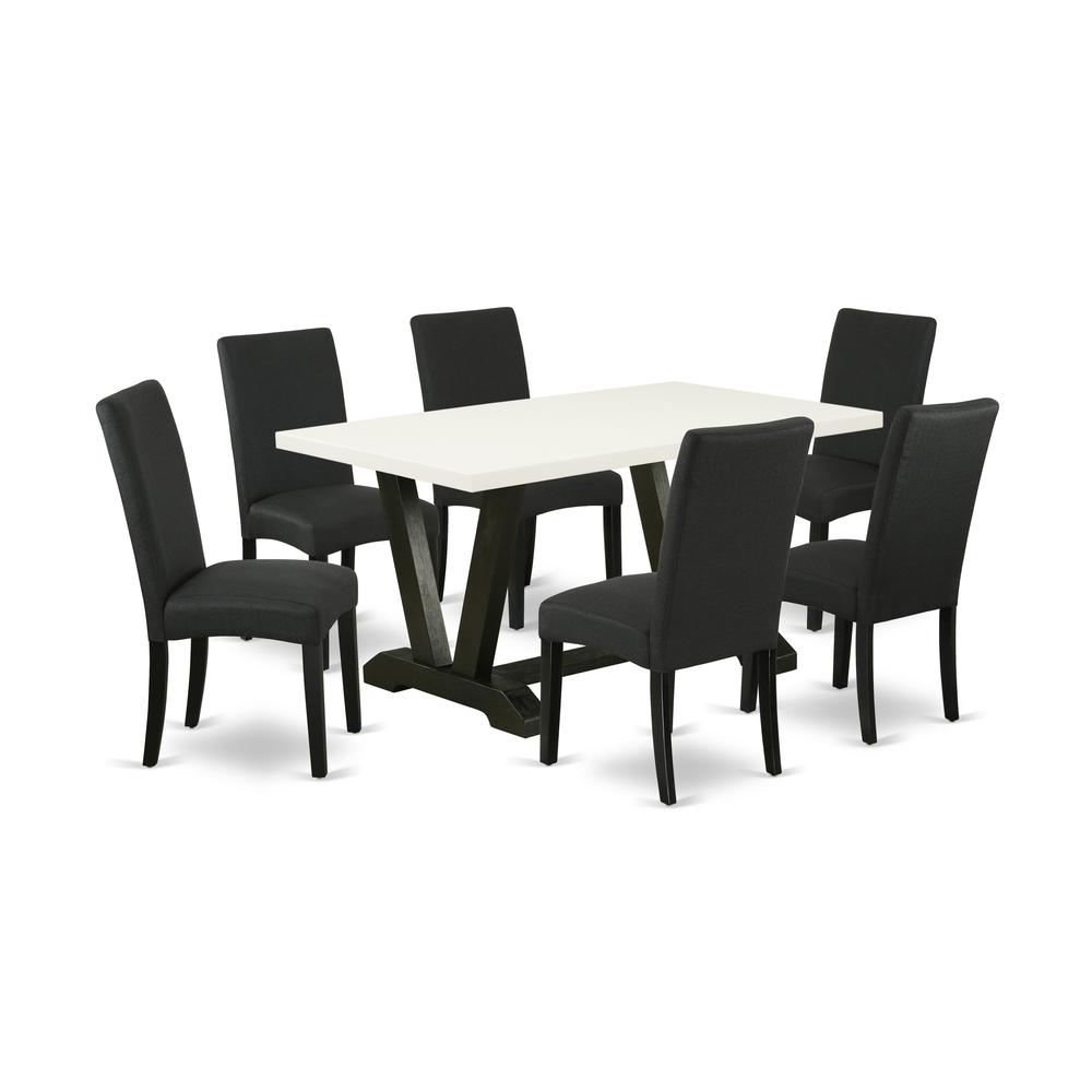East West Furniture V626DR124-7 7-Pc Dining Table Set- 6 Parson Dining Chairs with Black Linen Fabric Seat and Stylish Chair Back - Rectangular Table Top & Wooden Legs - Linen White and Black Finish. Picture 1