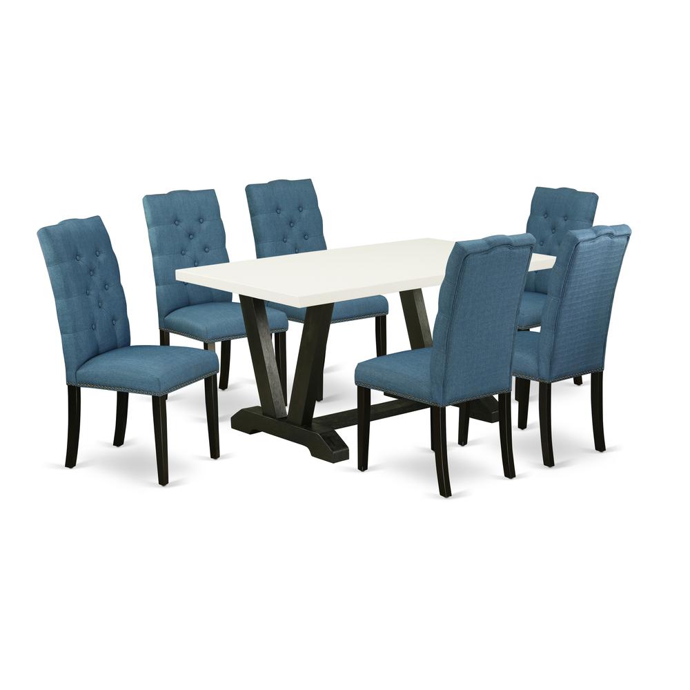 East West Furniture V626EL121-7 7-Piece Gorgeous Rectangular Table Set an Outstanding Linen White dining table Top and 6 Lovely Linen Fabric Dining Chairs with Nail Heads and Button Tufted Chair Back,. The main picture.