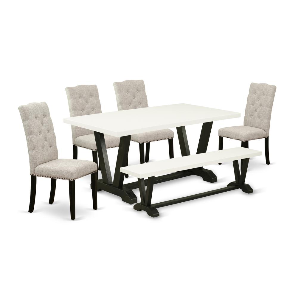 East West Furniture 6-Pc Dinette Set-Doeskin Linen Fabric Seat and Button Tufted Chair Back kitchen parson chairs, A Rectangular Bench and Rectangular Top Dinette Table with Wooden Legs - Linen White. Picture 1