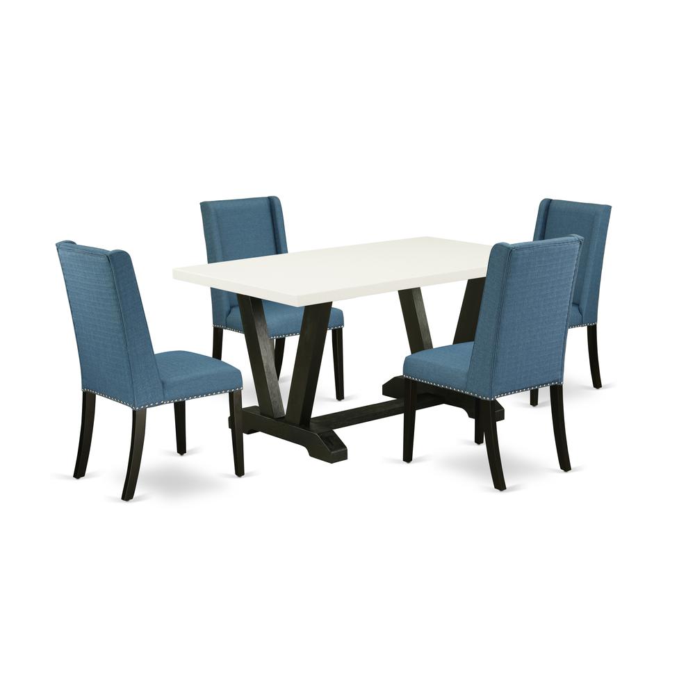 East West Furniture V626FL121-5 5-Piece Stylish Dinette Set an Excellent Linen White dining table Top and 4 Excellent Linen Fabric Dining Chairs with Nail Heads and Stylish Chair Back, Wire Brushed Bl. Picture 1