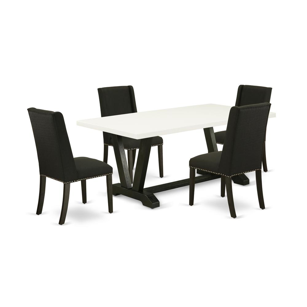 East West Furniture 5-Piece Included 4 Kitchen Dining chairs Upholstered Nails Head Seat and Stylish Chair Back and rectangular dining Dining Table with Linen White Rectangular Dining Table Top - Blac. Picture 1