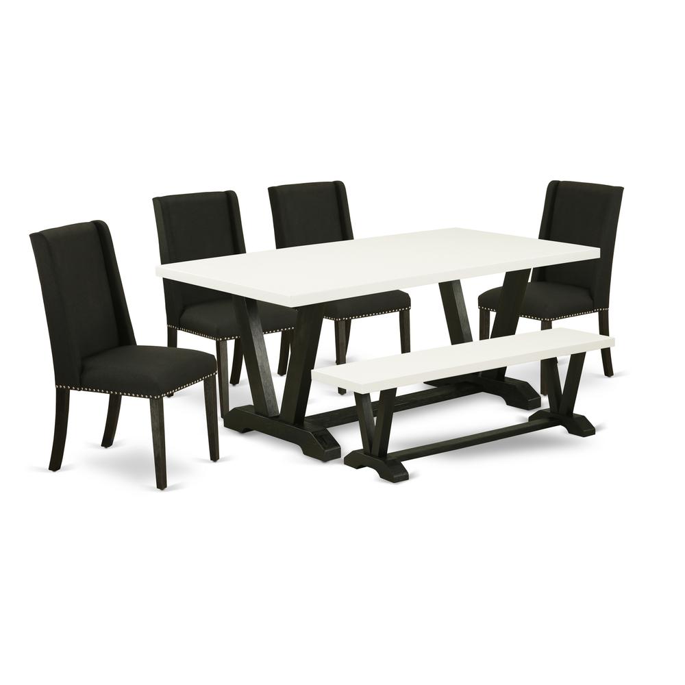 East West Furniture 6-Piece Mid Century Dining Table Set-Black Linen Fabric Seat and High Stylish Chair Back Parson Dining chairs, A Rectangular Bench and Rectangular Top Kitchen Table with Solid Wood. Picture 1