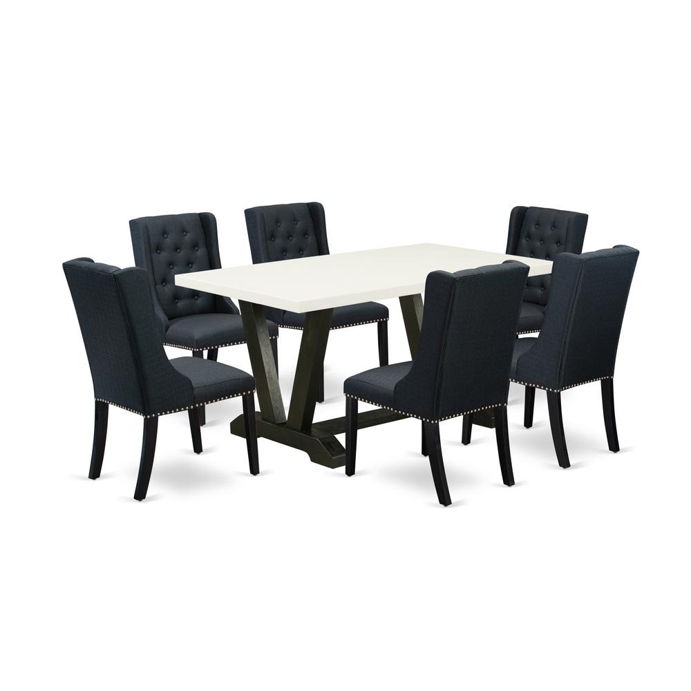 East West Furniture V626FO624-7 7 Piece Dining Room Table Set - 6 Black Linen Fabric Kitchen Chair Button Tufted with Nail heads and Linen White Dining Table - Wire Brush Black Finish. Picture 1