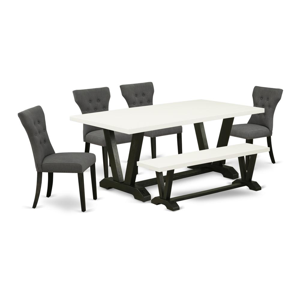East West Furniture 6-Pc -Dark Gotham Grey Linen Fabric Seat and Button Tufted Chair Back Kitchen chairs, A Rectangular Bench and Rectangular Top Modern Dining Table with Wooden Legs - Linen White and. Picture 1