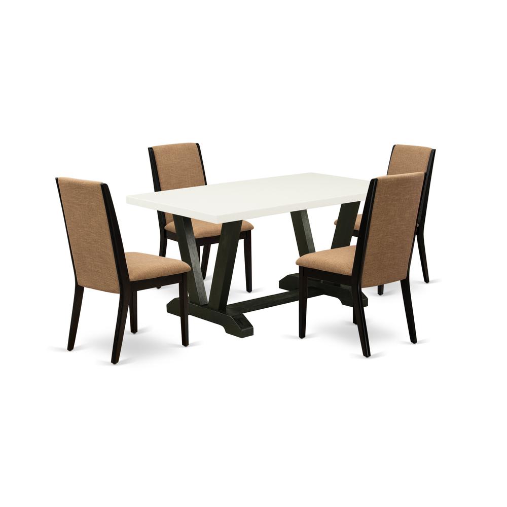 East West Furniture V626LA147-5 5-Piece Fashionable Dining Room Set a Good Linen White Wood Table Top and 4 Stunning Linen Fabric Kitchen Chairs with Stylish Chair Back, Wire Brushed Black Finish. Picture 1