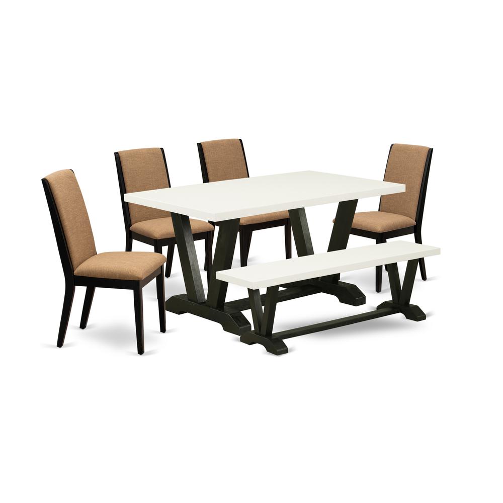 East West Furniture V626LA147-6 6-Piece Gorgeous Dining Table Set a Good Light Sable Dining Room Table Top and Light Sable Dining Bench and 4 Wonderful Linen Fabric Padded Chairs with Stylish Chair Ba. Picture 1