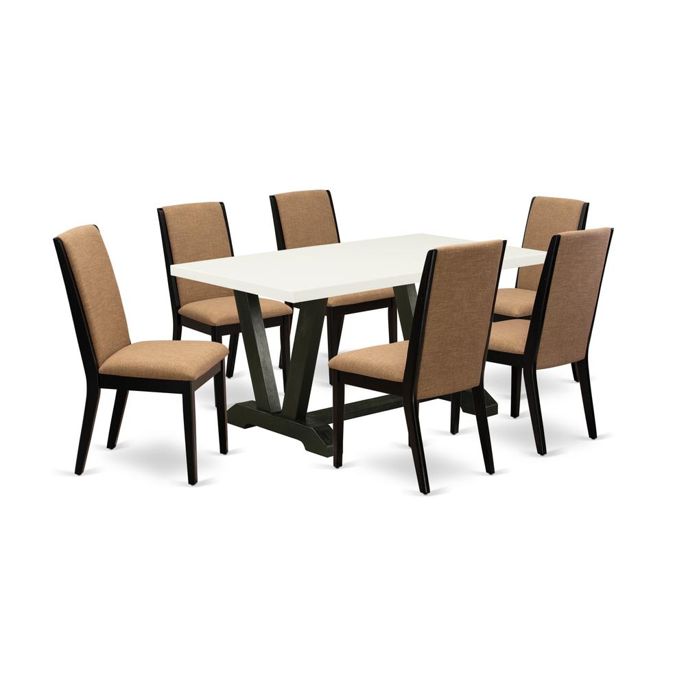 East West Furniture V626LA147-7 7-Piece Amazing Dining Table Set a Great Linen White Kitchen Rectangular Table Top and 6 Stunning Linen Fabric Dining Chairs with Stylish Chair Back, Wire Brushed Black. Picture 1