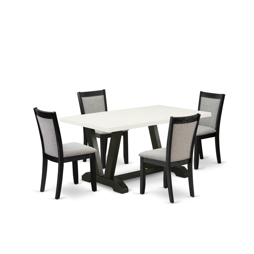 V626MZ606-5 5 Piece Table Set - Linen White Kitchen Table with 4 Shitake Linen Fabric Parson Chairs - Wire Brushed Black Finish. Picture 2