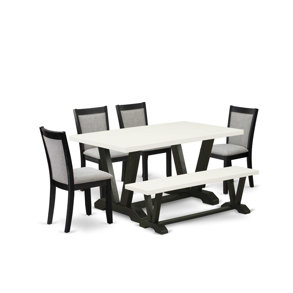 V626MZ606-6 6 Pc Dinette Set - Linen White Dining Table with a Small Wood Bench and 4 Shitake Chairs - Wire Brushed Black Finish. Picture 2