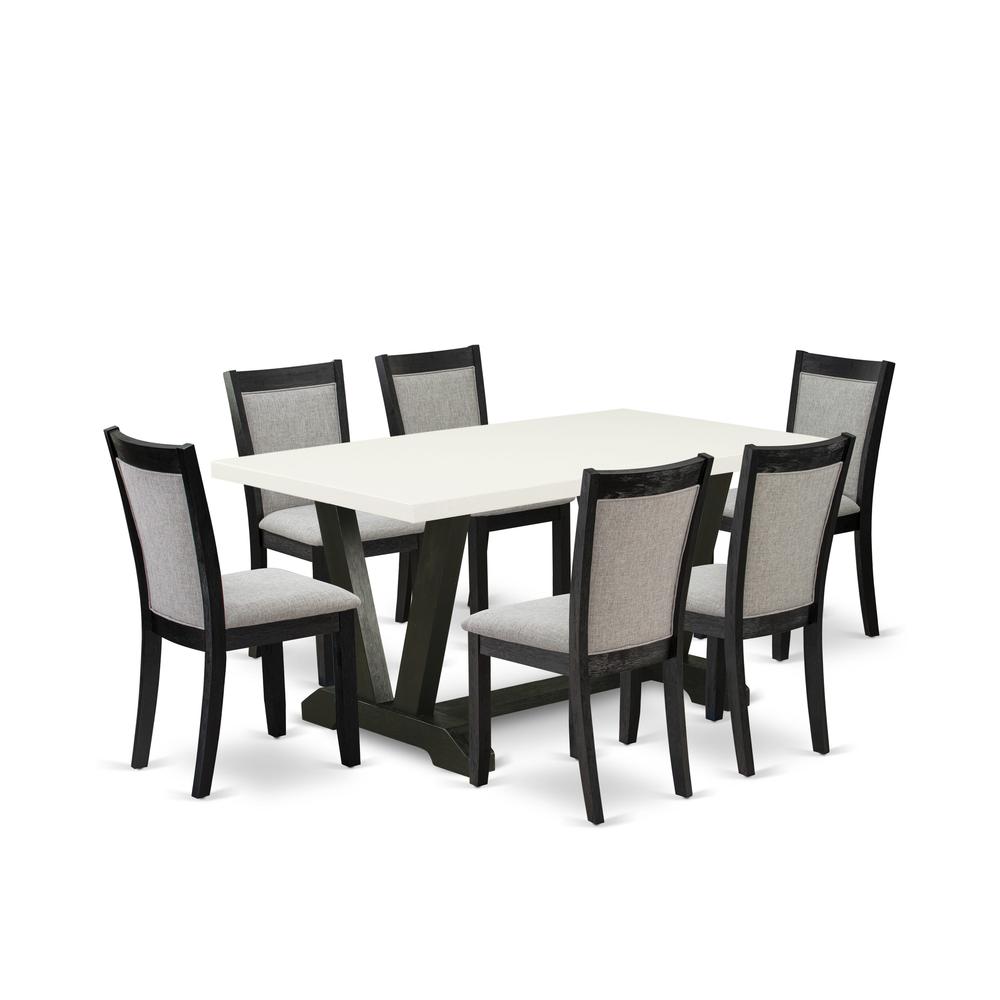 V626MZ606-7 7 Pc Dinner Table Set - Linen White Dining Table with 6 Shitake Wooden Dining Chairs - Wire Brushed Black Finish. Picture 2