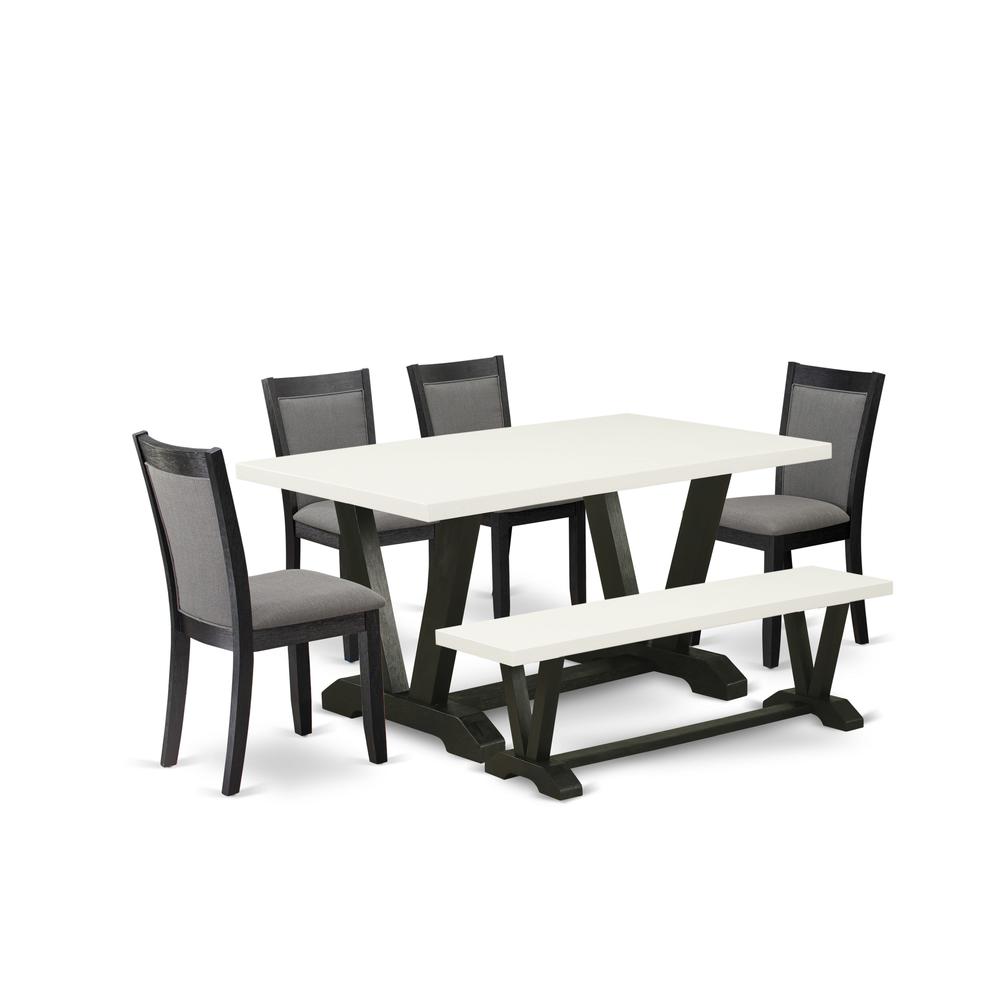 V626MZ650-6 6 Pc Dinette Set - Linen White Table with Dining Room Bench and 4 Dark Gotham Grey Chairs - Wire Brushed Black Finish. Picture 2