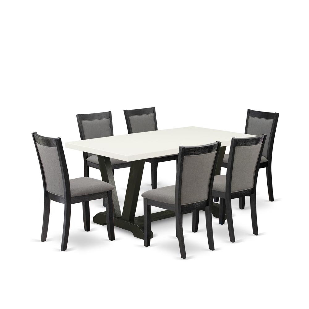V626MZ650-7 7 Pc Table Set - Linen White Dinner Table with 6 Dark Gotham Grey Parson Chairs - Wire Brushed Black Finish. Picture 2