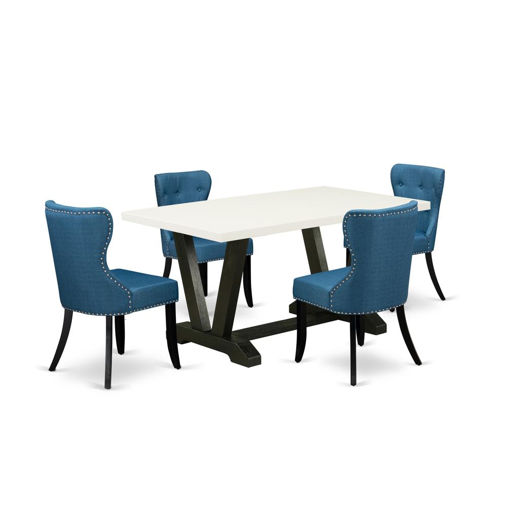 East West Furniture V626SI121-5 5-Piece Modern Dining Set- 4 Parson Chairs with Blue Linen Fabric Seat and Button Tufted Chair Back - Rectangular Table Top & Wooden Legs - Linen White and Black Finish. Picture 1