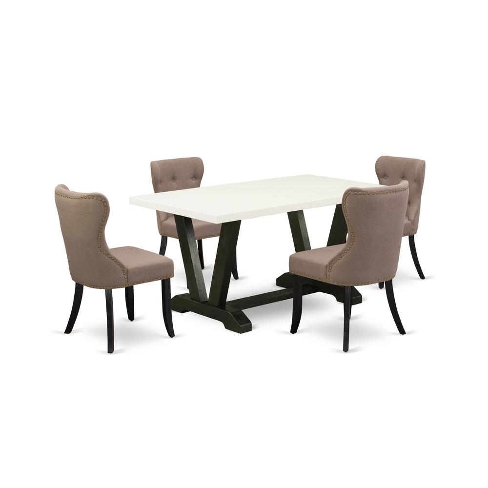 East West Furniture 5-Piece Dining Table Set - Coffee Linen Fabric Seat and Button Tufted Back Dining Chairs and Rectangular Top Modern Dining Table with Wooden Legs - Linen White and Wirebrushed Blac. Picture 1