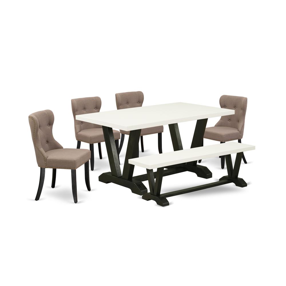 East West Furniture 6-Pc Dinette Set-Coffee Linen Fabric Seat and Button Tufted Back Dining Chairs- Wooden Dining Bench and Rectangular Table Top with Hardwood Legs - Linen White & Wirebrushed Black. Picture 1