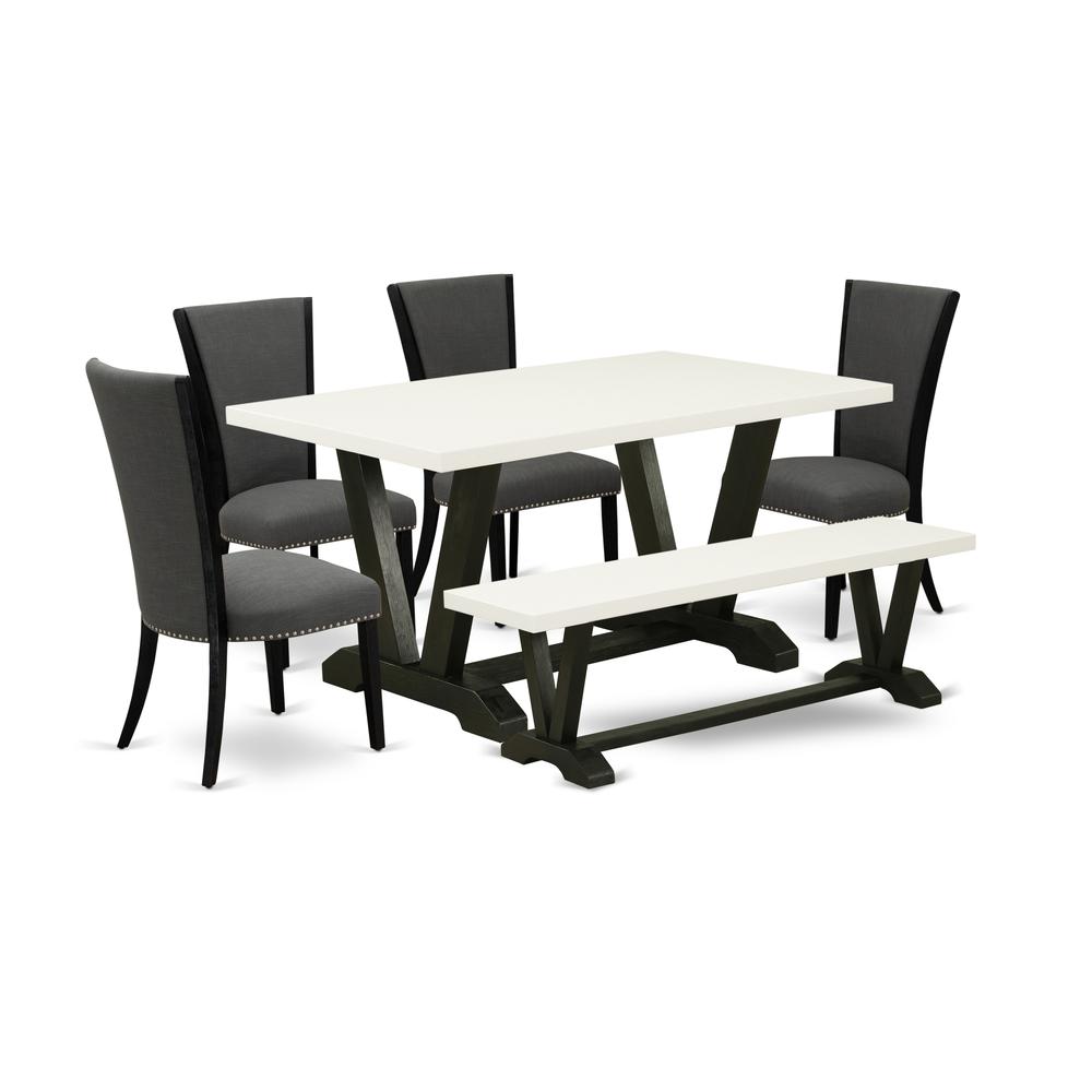 East West Furniture V626VE650-6 6 Piece Mid Century Dining Set - 4 Dark Gotham Grey Linen Fabric Modern Chair with Nailheads and Linen White Dining Table - 1 Dining Room Bench - Black Finish. Picture 1