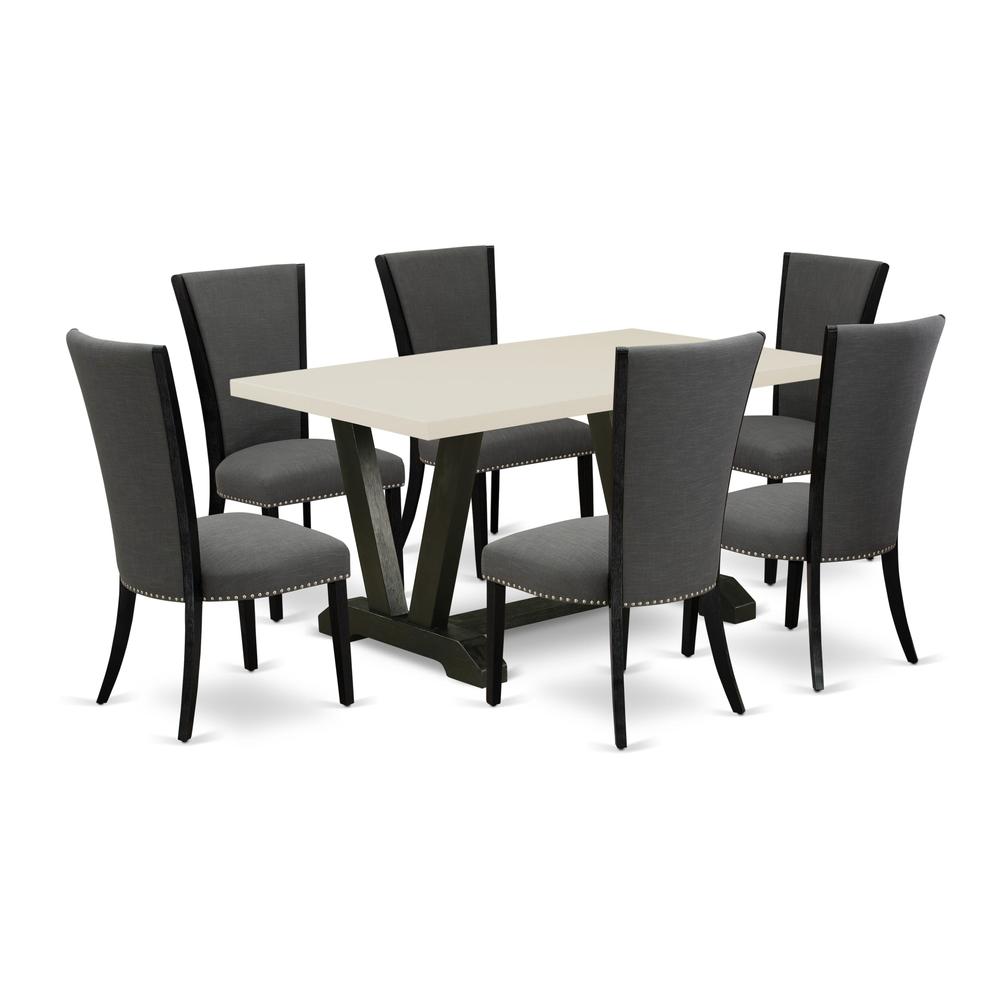 East West Furniture 7 Piece Dining Room Table Set Consists of a Linen White Wooden Table and 6 Dark Gotham Grey Linen Fabric Dining Chairs with High Back - Wire Brushed Black Finish. Picture 2