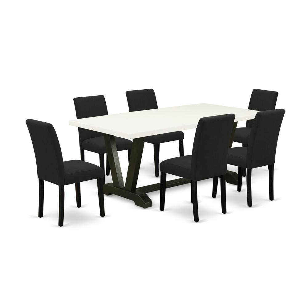 East West Furniture 7-Pc dining room table set Includes 6 Dining Room Chairs with Upholstered Seat and High Back and a Rectangular Wooden Dining Table - Black Finish. Picture 1