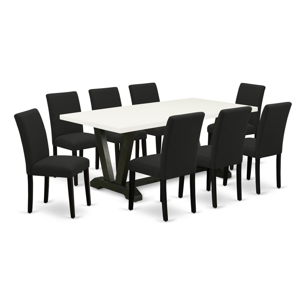 East West Furniture 9-Piece Dinette Set Includes 8 Mid Century Dining Chairs with Upholstered Seat and High Back and a Rectangular Wood Dining Table - Black Finish. Picture 1