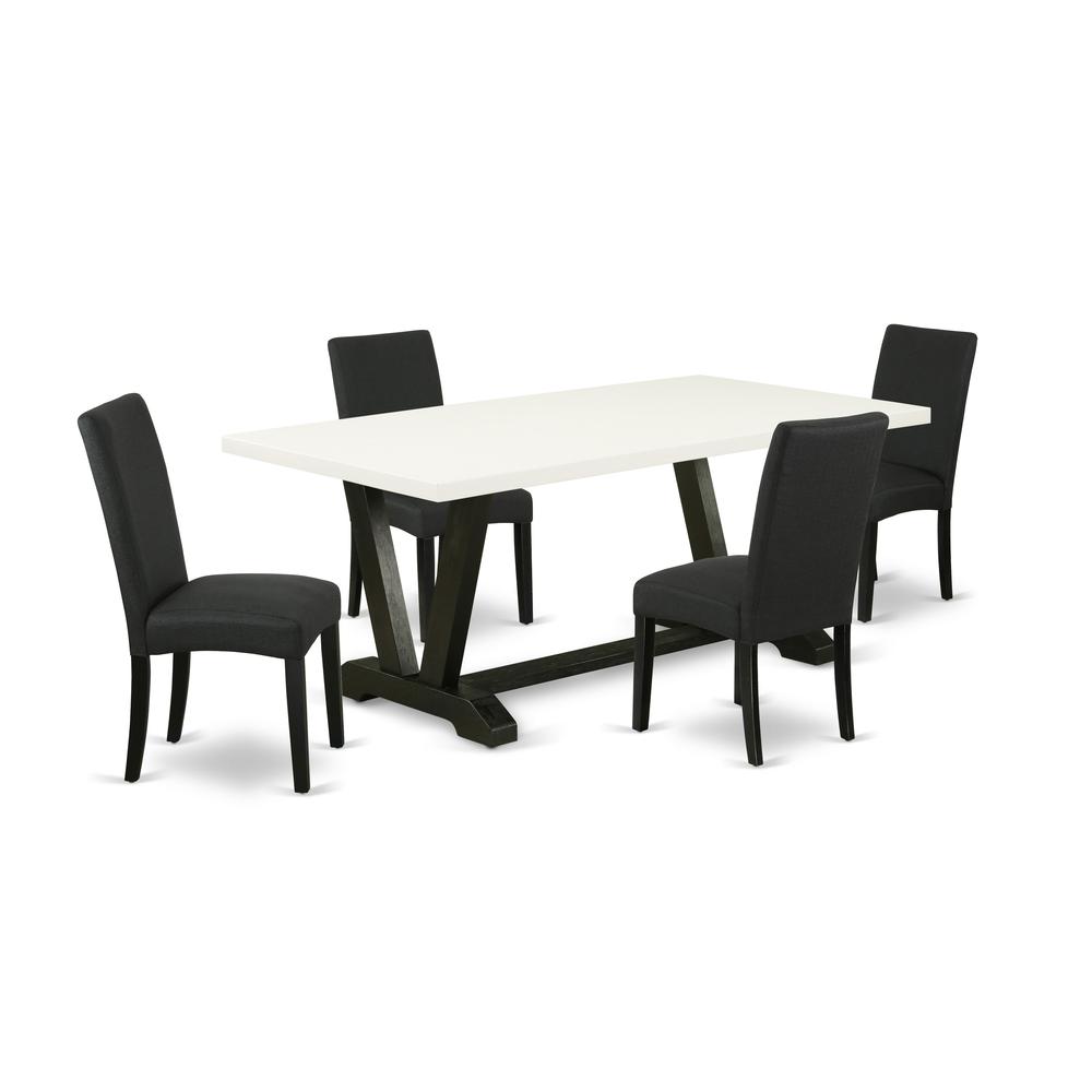 East West Furniture V627DR124-5 5-Piece Dining Room Set- 4 Parson Dining Room Chairs with Black Linen Fabric Seat and Stylish Chair Back - Rectangular Table Top & Wooden Legs - Linen White and Black F. Picture 1