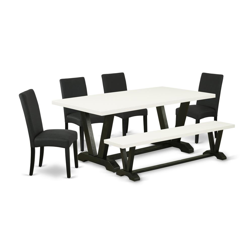 East West Furniture V627DR124-6 6-Pc Kitchen Dining Room Set- 4 Dining Chairs with Black Linen Fabric Seat and Stylish Chair Back - Rectangular Top & Wooden Legs Dining Table and Dining Room Bench - L. Picture 1