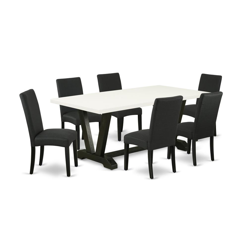 East West Furniture V627DR124-7 7-Pc Modern Dining Set- 6 padded parson chairs with Black Linen Fabric Seat and Stylish Chair Back - Rectangular Table Top & Wooden Legs - Linen White and Black Finish. Picture 1
