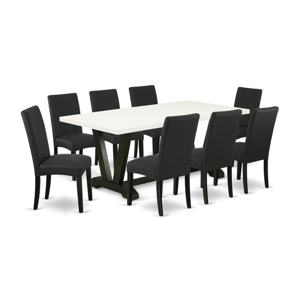East West Furniture V627DR124-9 9-Piece Dinette Room Set- 8 Dining Room Chairs with Black Linen Fabric Seat and Stylish Chair Back - Rectangular Table Top & Wooden Legs - Linen White and Black Finish. Picture 1