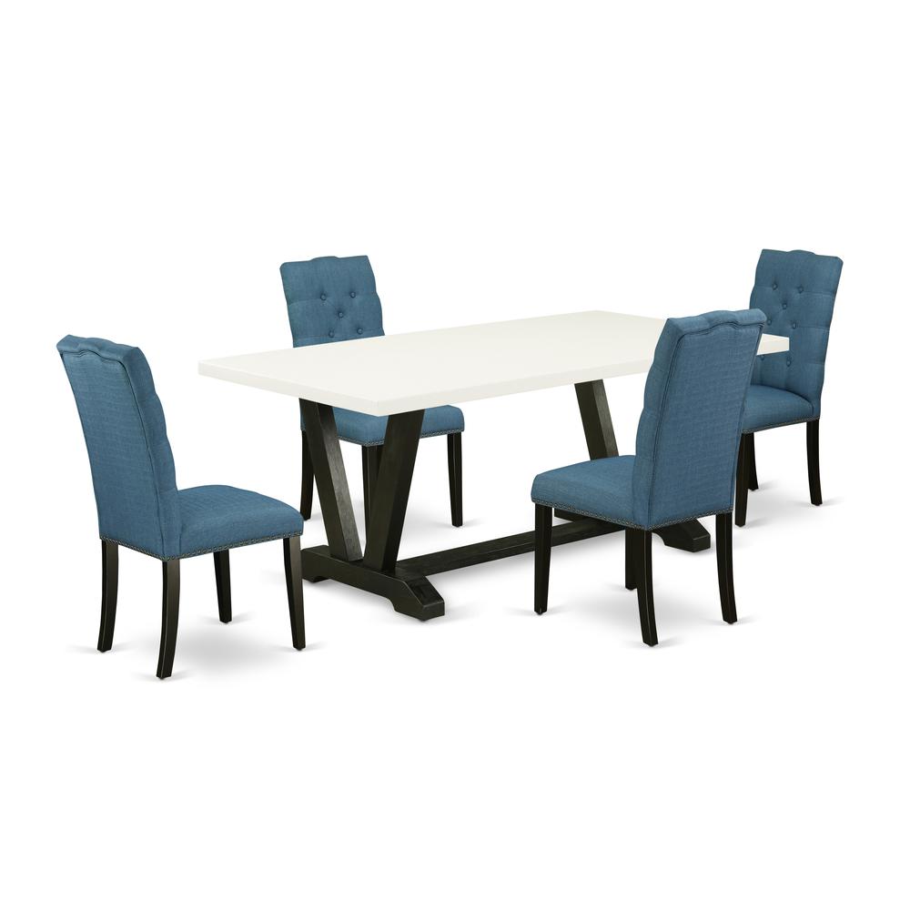 East West Furniture V627EL121-5 5-Piece Beautiful a Superb Linen White Kitchen Table Top and 4 Lovely Linen Fabric Padded Parson Chairs with Nail Heads and Button Tufted Chair Back, Wire Brushed Black. Picture 1