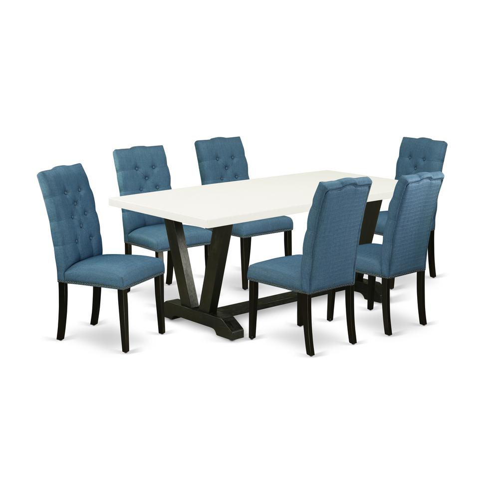 East West Furniture V627EL121-7 7-Piece Fashionable Dining Table Set a Good Linen White Kitchen Table Top and 6 Attractive Linen Fabric Kitchen Chairs with Nail Heads and Button Tufted Chair Back, Wir. The main picture.