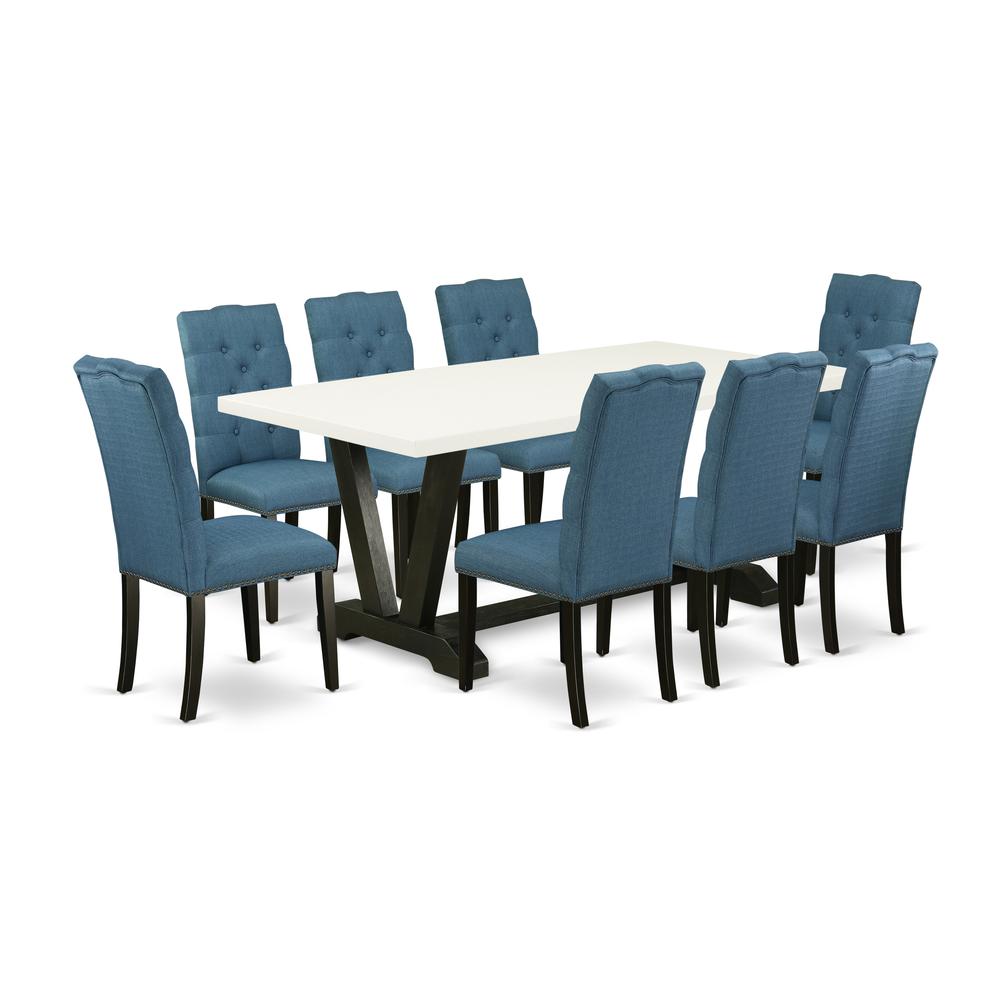 East West Furniture V627EL121-9 9-Piece Gorgeous Dining Room Table Set an Outstanding Linen White rectangular Table Top and 8 Awesome Linen Fabric Padded Chairs with Nail Heads and Button Tufted Chair. The main picture.