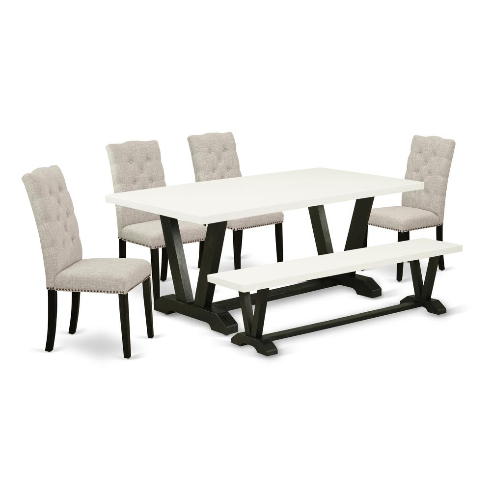 East West Furniture 6-Pc Mid Century Dining Table Set-Doeskin Linen Fabric Seat and Button Tufted Chair Back Dining room chairs, A Rectangular Bench and Rectangular Top dining room table with Wood Leg. Picture 1