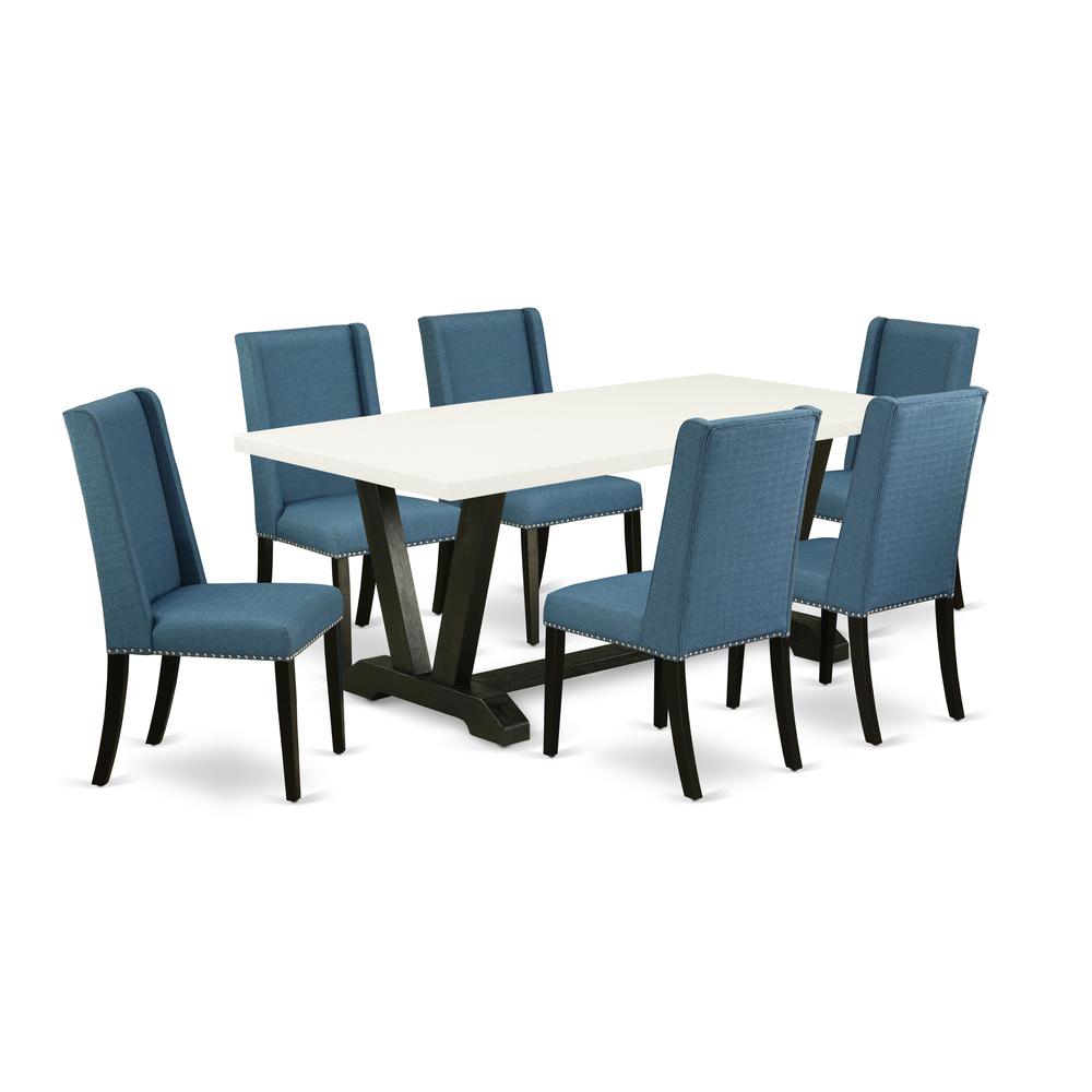 East West Furniture V627FL121-7 7-Piece Amazing kitchen table set a Superb Linen White Dining Room Table Top and 6 Beautiful Linen Fabric Dining Room Chairs with Nail Heads and Stylish Chair Back, Wir. Picture 1