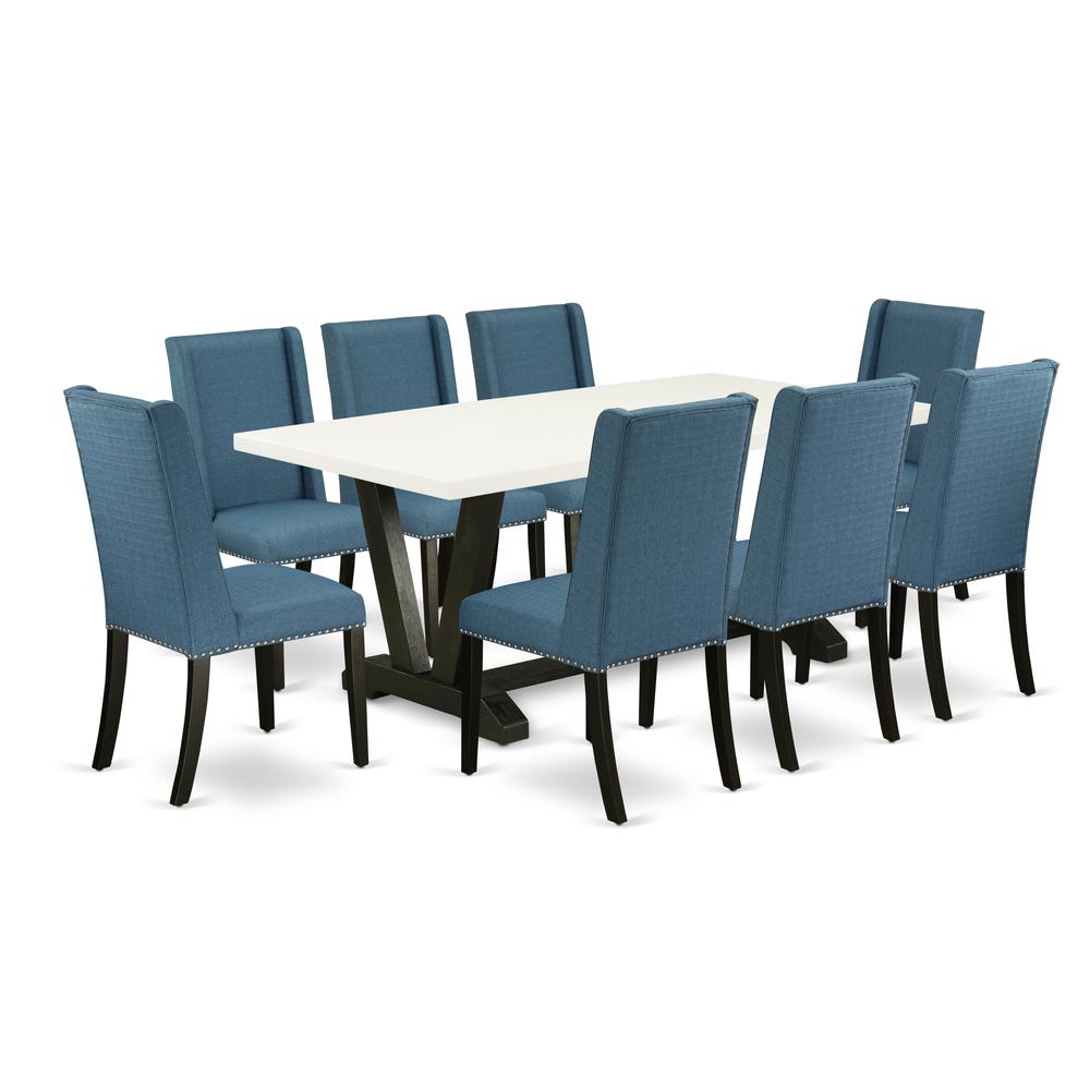 East West Furniture V627FL121-9 9-Piece Stylish kitchen table set an Outstanding Linen White Wood Dining Table Top and 8 Attractive Linen Fabric Padded Parson Chairs with Nail Heads and Stylish Chair. Picture 1