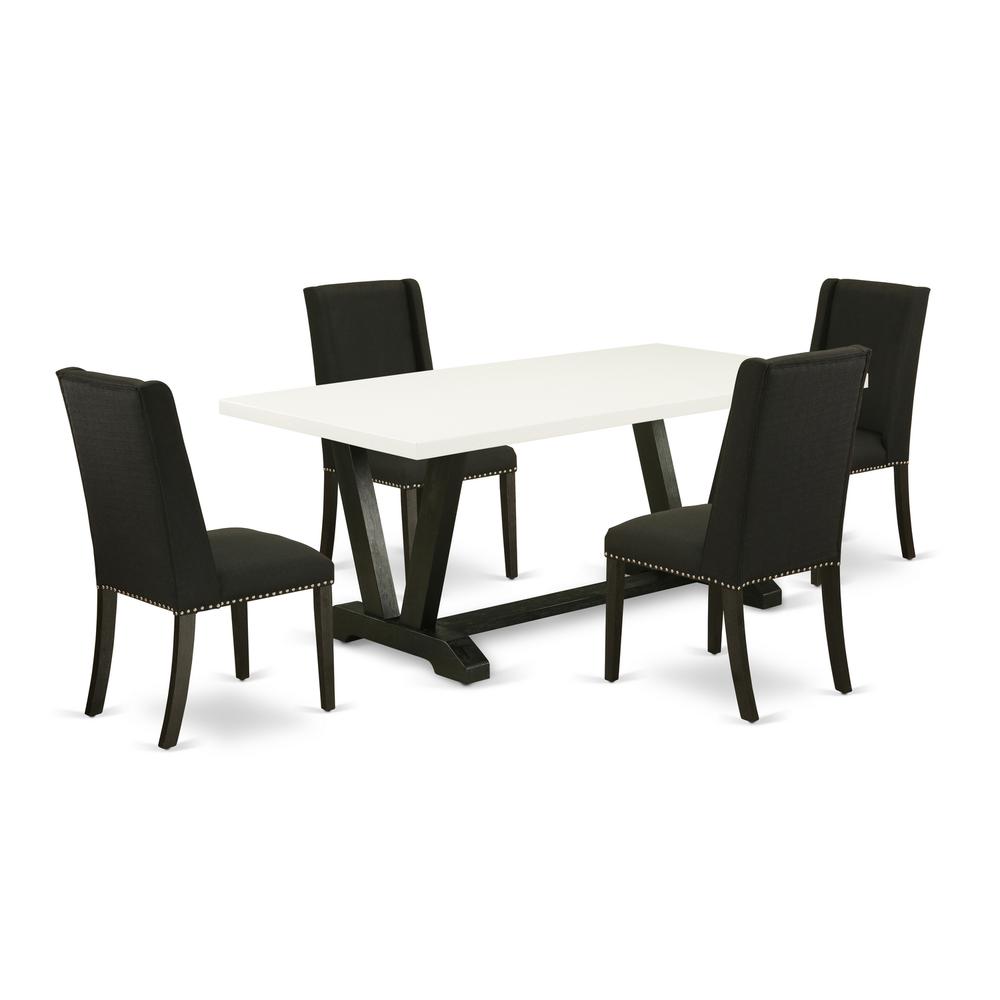 East West Furniture 5-Pc Dining room Set Included 4 Dining room chairs Upholstered Seat and Stylish Chair Back and Rectangular Dining Table with Linen White rectangular Dining Table Top - Black Finish. Picture 1