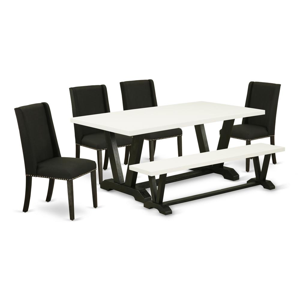 East West Furniture 6-Piece Kitchen Dining Table Set-Black Linen Fabric Seat and High Stylish Chair Back Upholstered Dining chairs, A Rectangular Bench and Rectangular Top Kitchen Table with Solid Woo. Picture 1