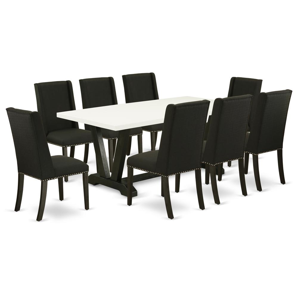 East West Furniture V627FL624-9 - 9-Piece Kitchen Set - 8 Upholstered Dining Chairs and Wood Table Hardwood Frame. Picture 1