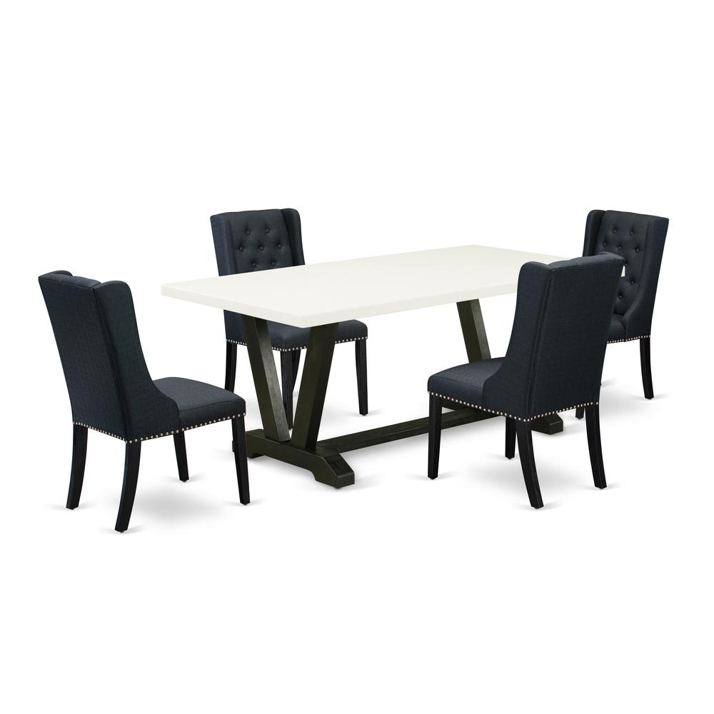East West Furniture V627FO624-5 5 Pc Dining Set Consists of 4 Black Linen Fabric Parson Chairs Button Tufted with Nail heads and Modern Dining Table - Wire Brush Black Finish. Picture 1