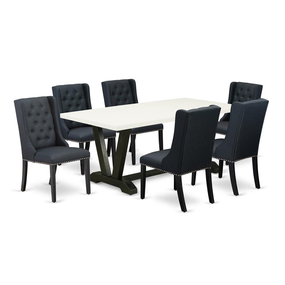 East West Furniture V627FO624-7 7 Piece Kitchen Table Set - 6 Black Linen Fabric Dining Room Chairs Button Tufted with Nail heads and Linen White Dining Table - Wire Brush Black Finish. Picture 1