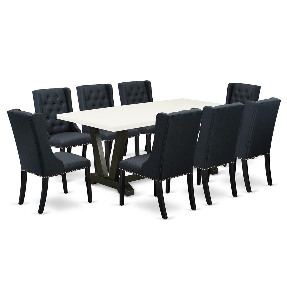 East West Furniture V627FO624-9 9 Piece Dining Set - 8 Black Linen Fabric Padded Chair Button Tufted with Nail heads and Linen White Kitchen Table - Wire Brush Black Finish. Picture 1
