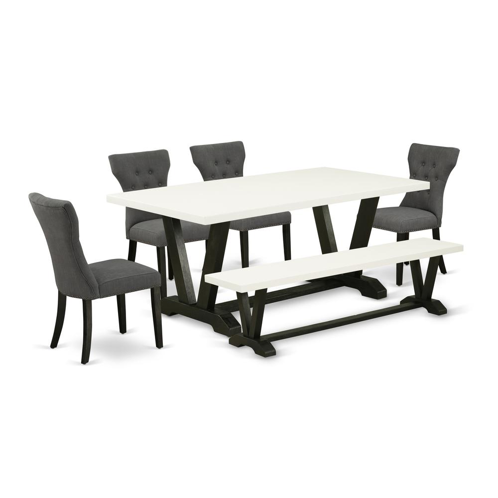 East West Furniture 6-Piece Dinette Table Set-Dark Gotham Grey Linen Fabric Seat and Button Tufted Chair Back Parson chairs, A Rectangular Bench and Rectangular Top Modern Dining Table with Wooden Leg. Picture 1
