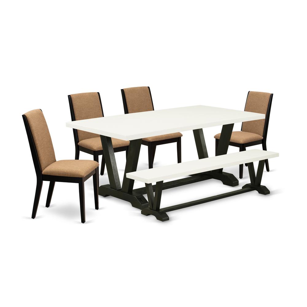 East West Furniture V627LA147-6 6-Piece Gorgeous Modern Dining Table Set an Outstanding Linen White Wood Dining Table Top and Linen White Bench and 4 Awesome Linen Fabric Padded Chairs with Stylish Ch. Picture 1