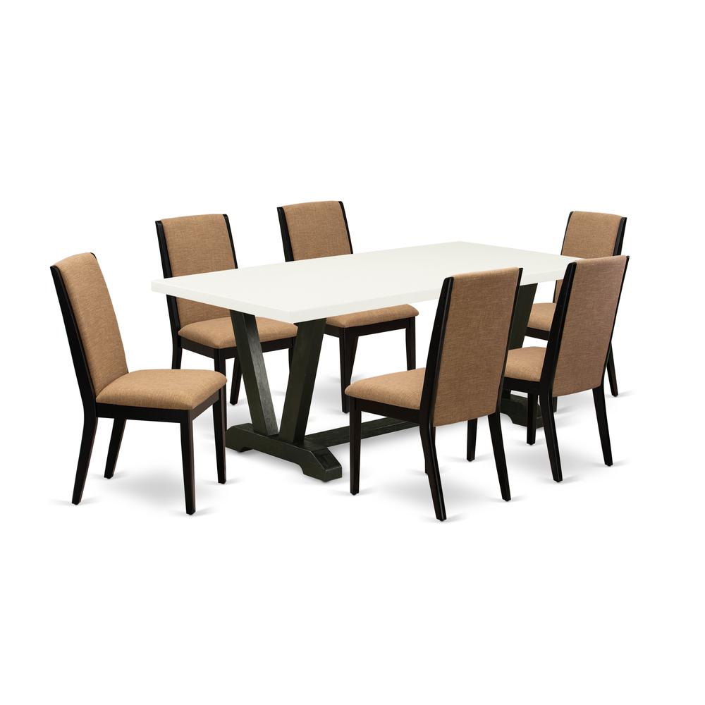 East West Furniture V627LA147-7 7-Piece Gorgeous Dining Table Set a Superb Linen White Wood Dining Table Top and 6 Stunning Linen Fabric Parson Chairs with Stylish Chair Back, Wire Brushed Black Finis. Picture 1