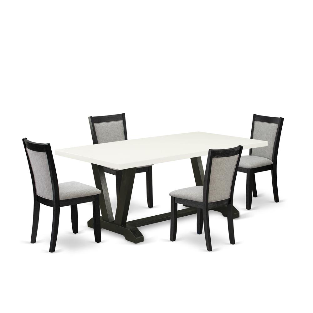 V627MZ606-5 5 Pc Dining Table Set - Linen White Dining Table with 4 Shitake Linen Fabric Parson Chairs - Wire Brushed Black Finish. Picture 2