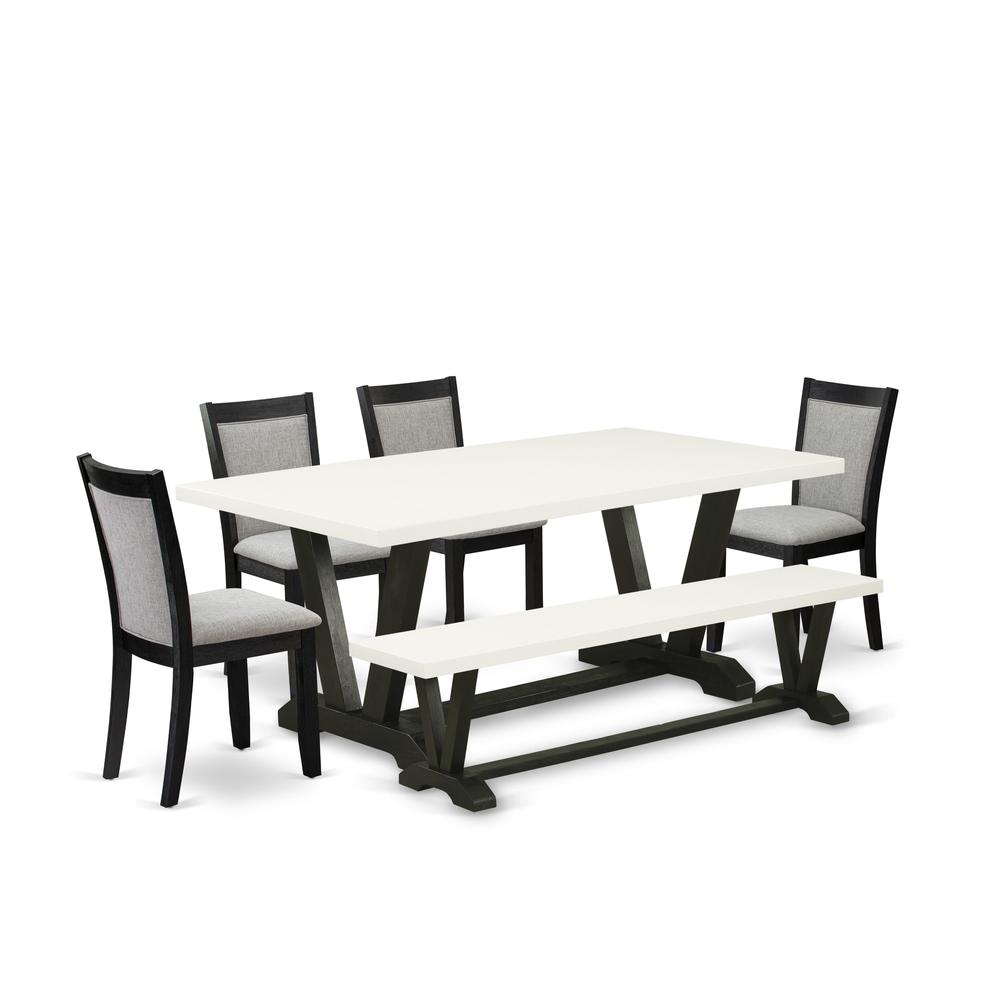V627MZ606-6 6 Pc Kitchen Table Set - Linen White Table with Bench and 4 Shitake Dining Chairs - Wire Brushed Black Finish. Picture 2