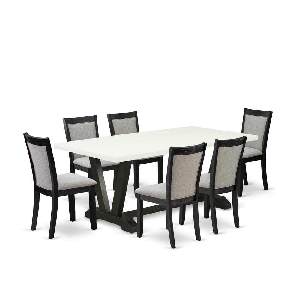 V627MZ606-7 7 Pc Dining Room Set - Linen White Dining Table with 6 Shitake Dining Chairs - Wire Brushed Black Finish. Picture 2