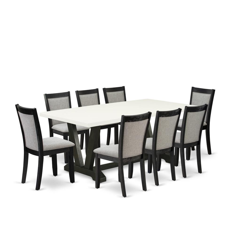 V627MZ606-9 9 Pc Dining Set - Linen White Dining Table with 8 Shitake Dining Room Chairs - Wire Brushed Black Finish. Picture 2