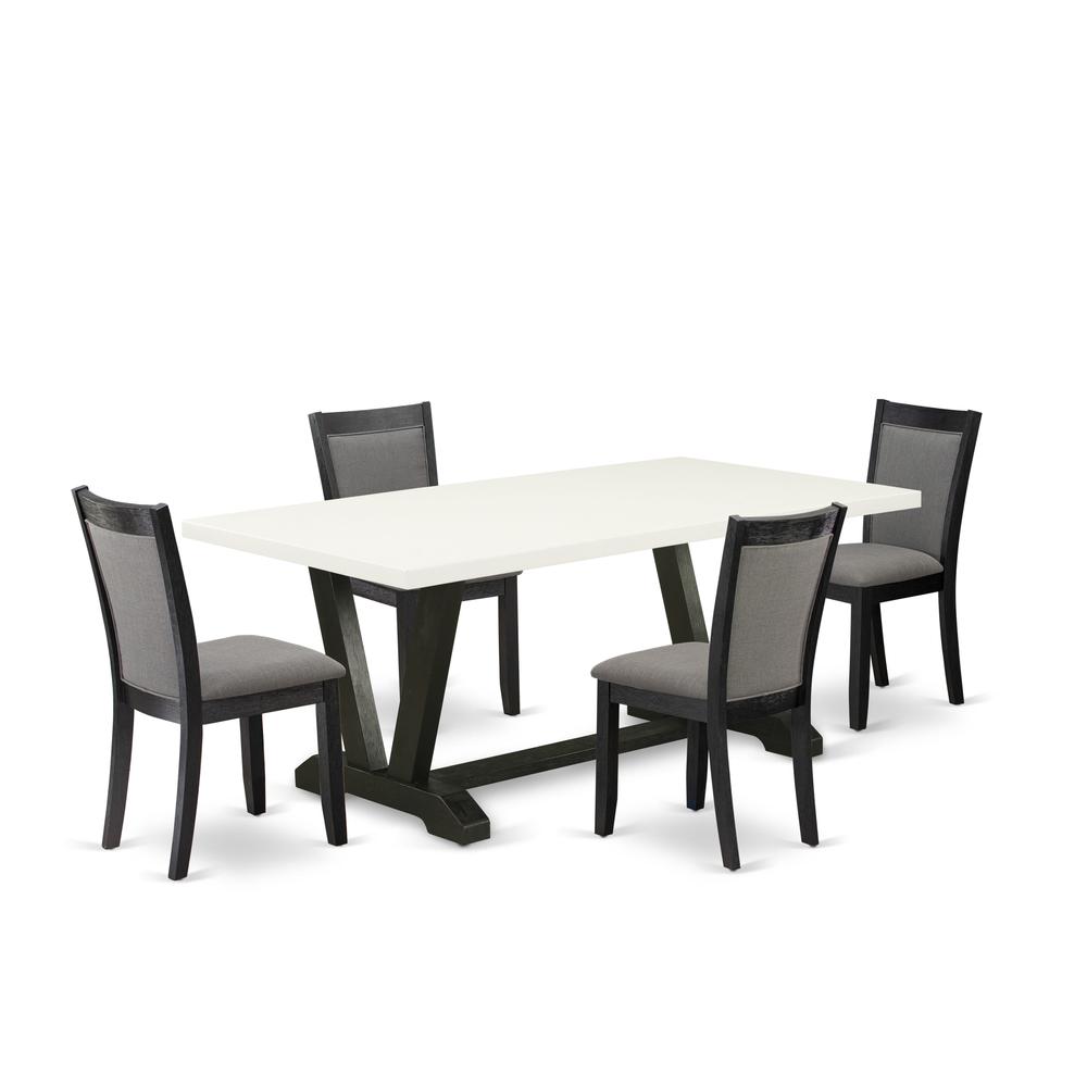 V627MZ650-5 5 Pc Table Set - Linen White Dining Table with 4 Dark Gotham Grey Linen Fabric Chairs - Wire Brushed Black Finish. Picture 2
